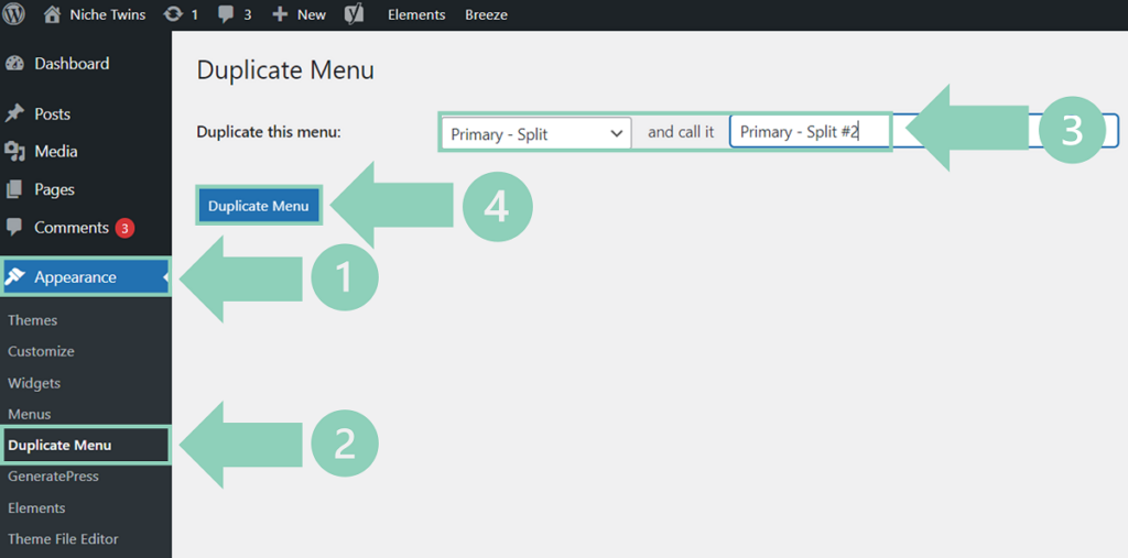 'Duplicate Menu' plugin interface on WordPress dashboard.