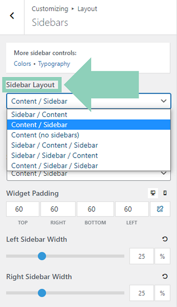 GeneratePress WordPress theme sidebar layout settings.