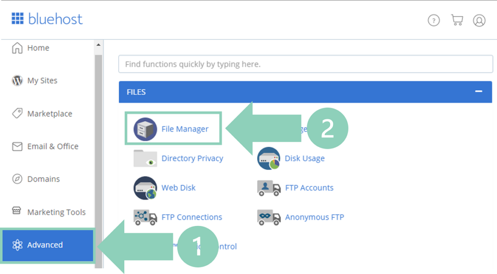 How to access File Manager within Bluehost cPanel.