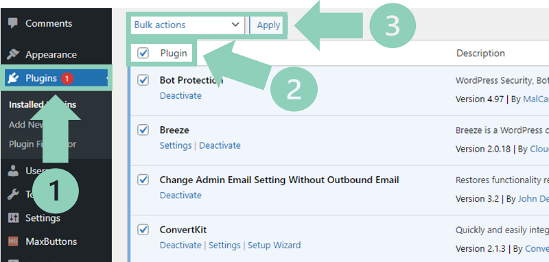 How to deactive all WordPress plugins at the same time.