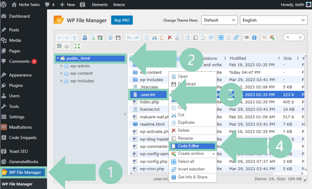 How to edit the WordPress .user.ini file within the root folder File Editor using the WP File Manager plugin.
