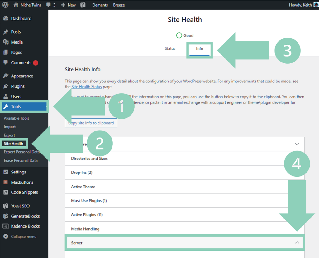 How to navigate to Server Site Health in WordPress.