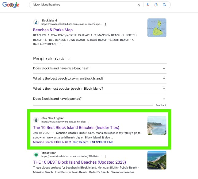 StayNewEngland.com ranking #2 in Google for "Block Island Beaches".