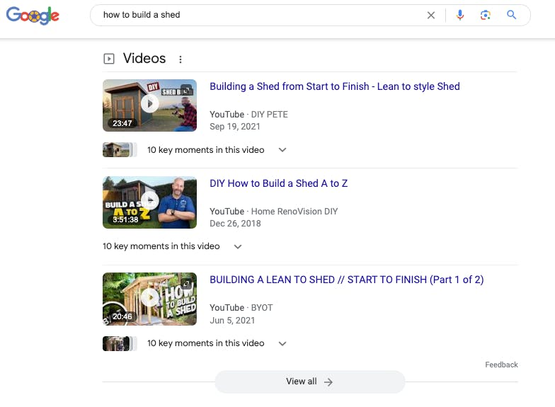 Google search results for "How to Build a Shed" surfacing videos first