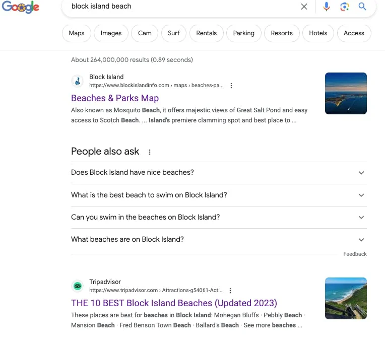Google search results for "Block Island Beach" surfacing content sites first