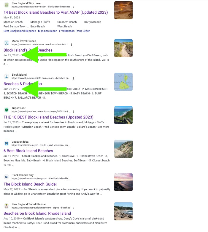 Adding “&as_qdr=y15" to "Block Island Beaches" Google search to see latest post refresh dates.