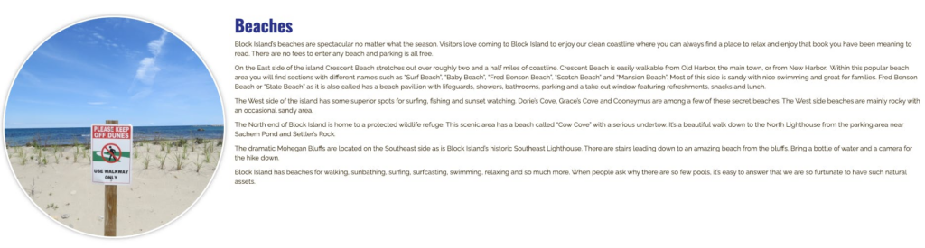 Blog post example of content ranking for "Block Island Beaches"