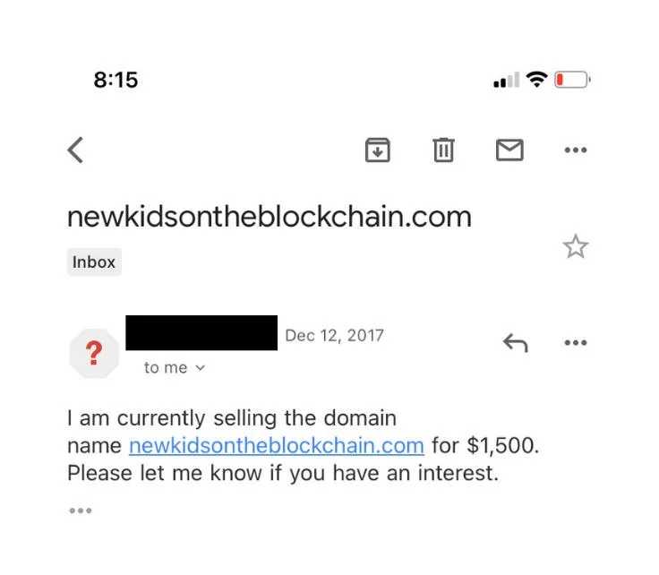Email offer for "newkidsontheblockchain.com" domain sale.