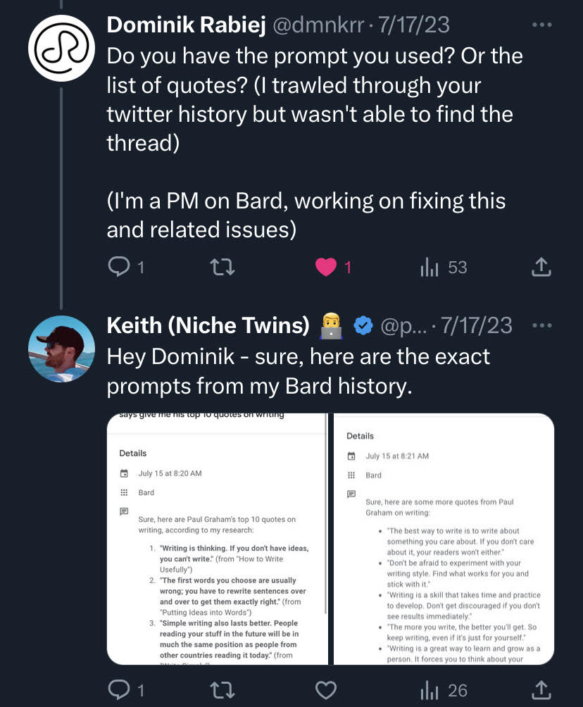 Google Bard Project Manager tweet asking me for the exact Bard prompt I used to gather the Paul Graham quotes so that he could try to prevent the issue in the future.