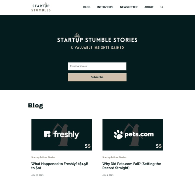 Screenshot of the Startup Stumbles homepage.