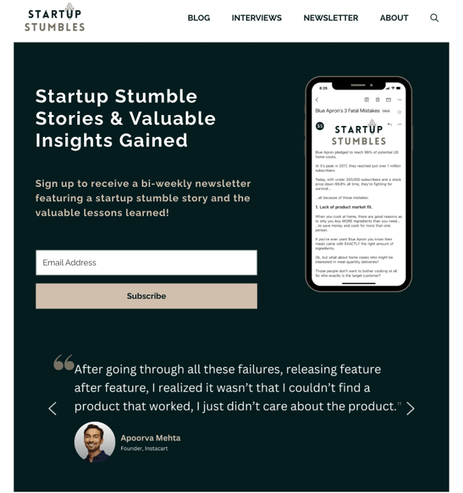 Startup Stumbles newsletter landing page.