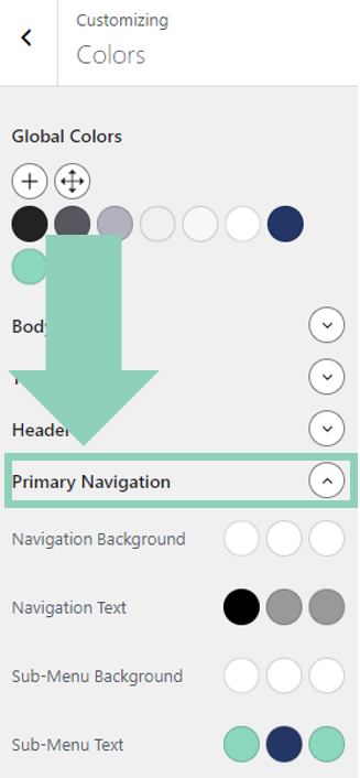 Primary Navigation Color menu in GeneratePress theme editor.