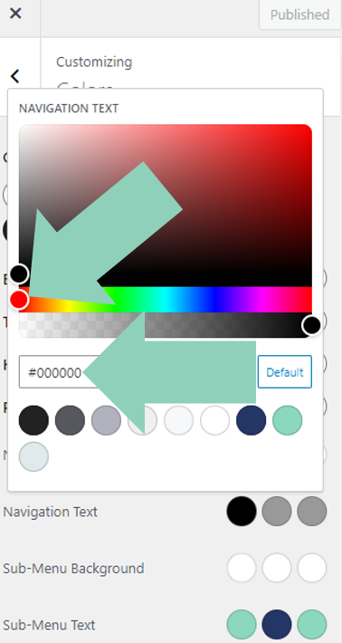 Navigation Text color selection within the GeneratePress Theme Editor.